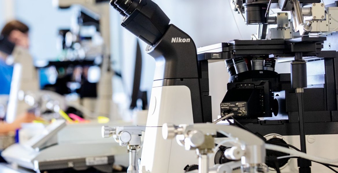 High-tech Nikon microscope in the embryology laboratory of LeaderMed clinic for ICSI procedures.