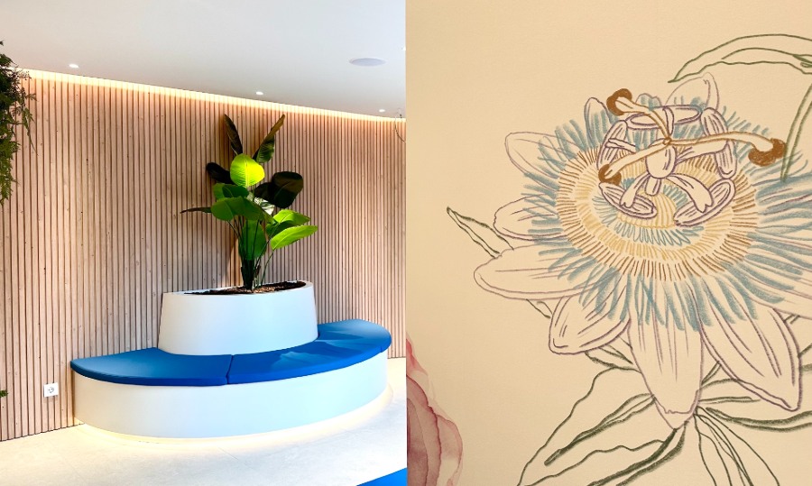 Fertilab waiting area with a mural by a Spanish artist, Lara Costafreda
